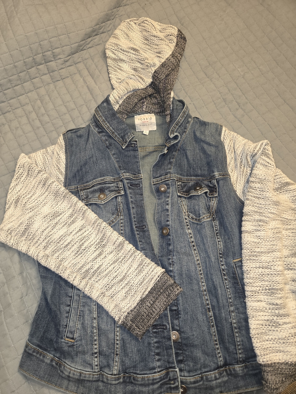 Torrid Denim Jacket with Knit Hoodie Sleeves - Blue,  Cream And Grey